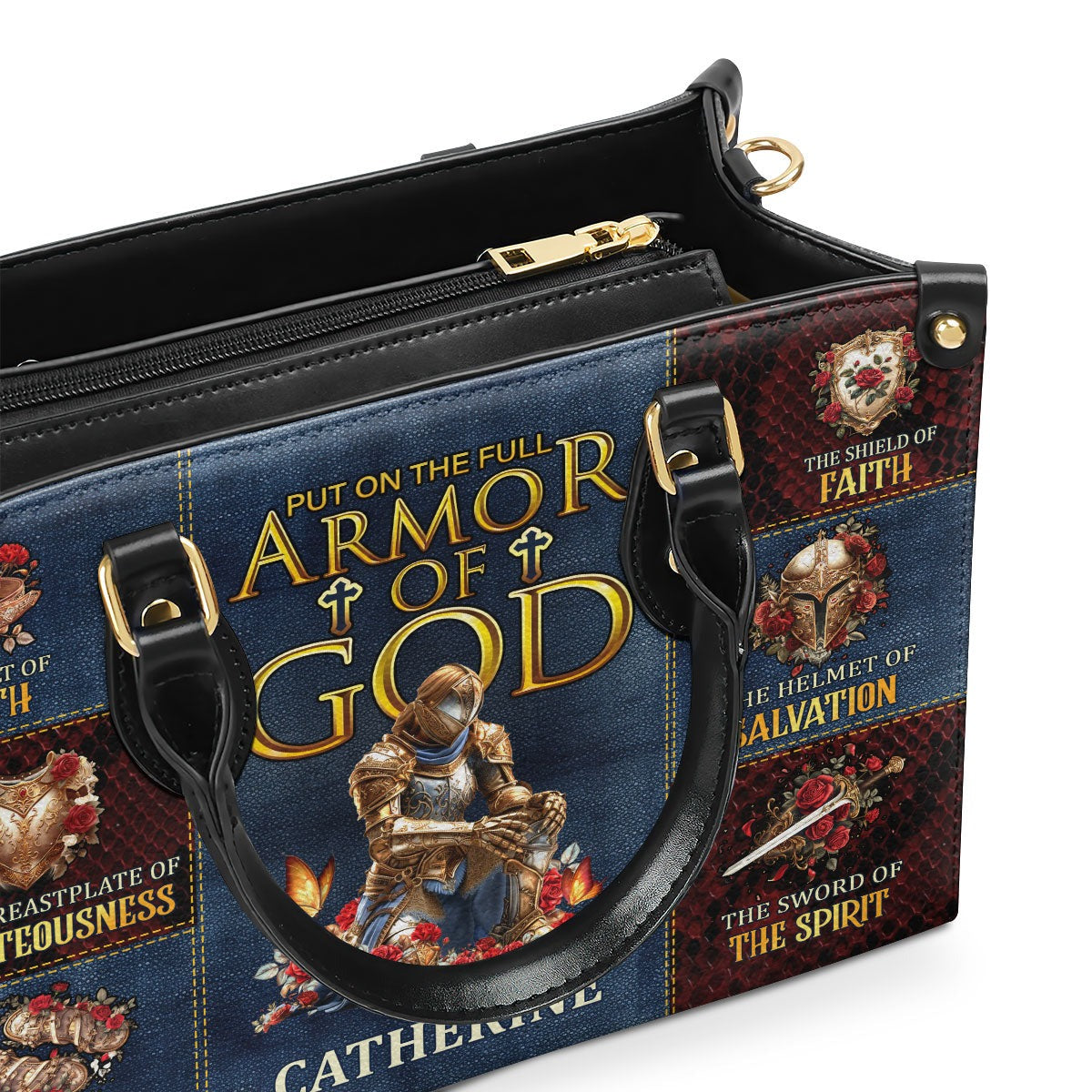 Personalized Christian Leather Handbag, Armor of God Purse Ephesians 6:10-18 with Full Armor Design, Religious Gift for Women BLAF35